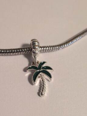 Silver With Green Enamel Palm Tree Dangle Charm for Pandora Style Bracelet